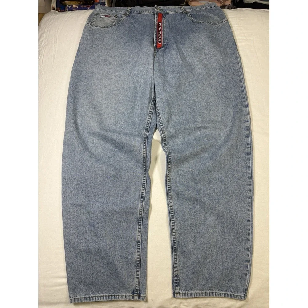 Vtg Tommy Hilfiger Baggy Blue Denim Jeans 40x32 Spell Out Logo Zipper Fly 90s